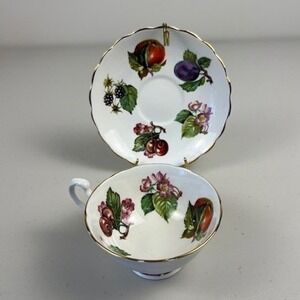 Crownford Fine Bone China Tea Cup‎ Saucer Set Fruit Harvest Made in England Gold
